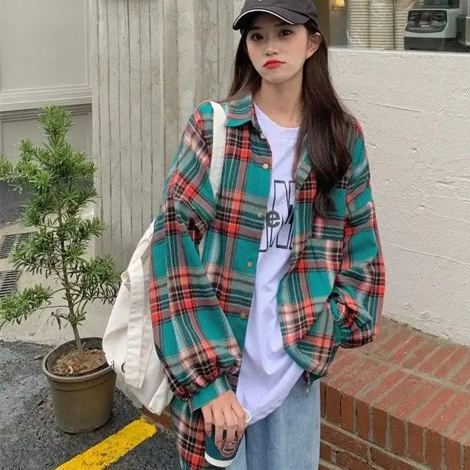 Shirts Plaid Buttons Spring And Fall Women Long Sleeve Blouse Casual Loose Vintage Style Shirt Female Versatile Coat For Woman