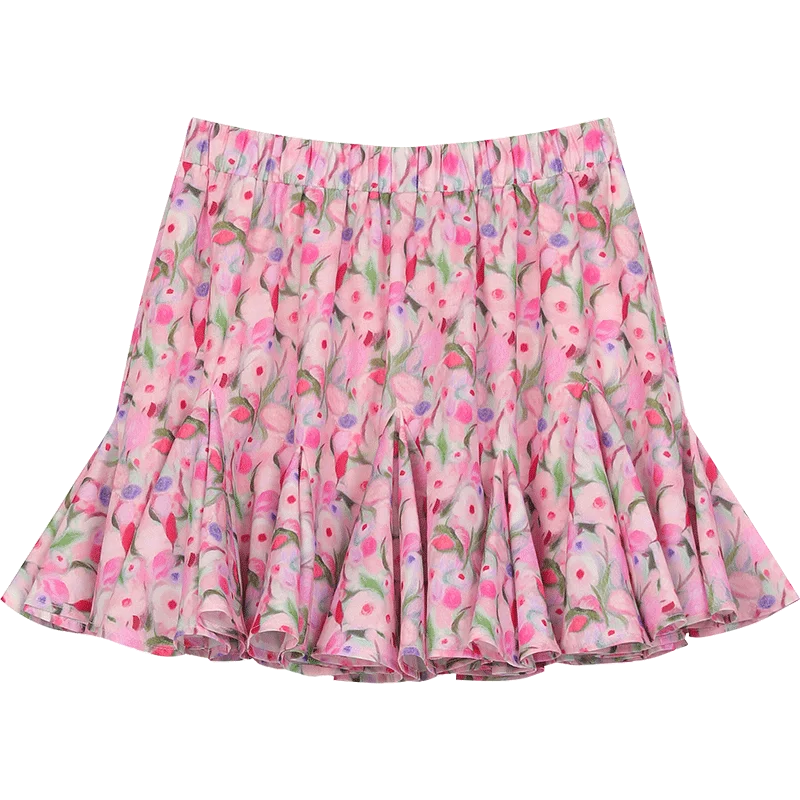 ELFSACK 2024 Summer New Arrivals Oil painting flowers sweet temperament high waist A-line skirt for women