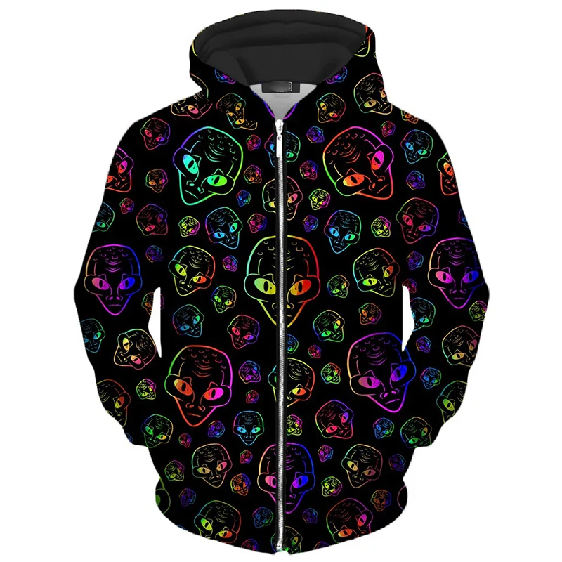 Unique Alien Graffiti Printed Zip Up Hoodie Men Joker Vintage Street Fashion Hooded Coat 3D Pattern 2025 New Casual Hoodies