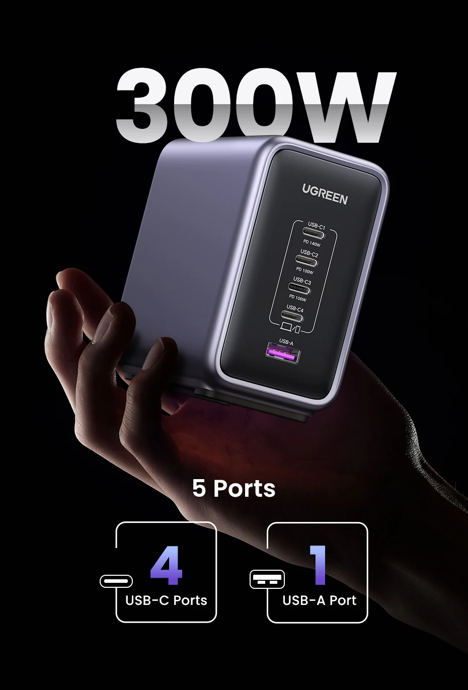 UGREEN 300W GaN Charger Desktop Charging Station USB Charger 140W Max Single Port PD3.1 Fast Charger for MacBook Pro IPad IPhone