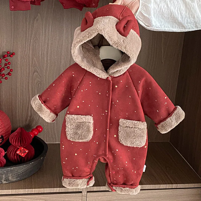 IYEAL Baby Christmas Clothes  Winter Warm Fleece Jumpsuit Baby Thick Cotton Jacket Hundred Day Outdoor New Year Clothes