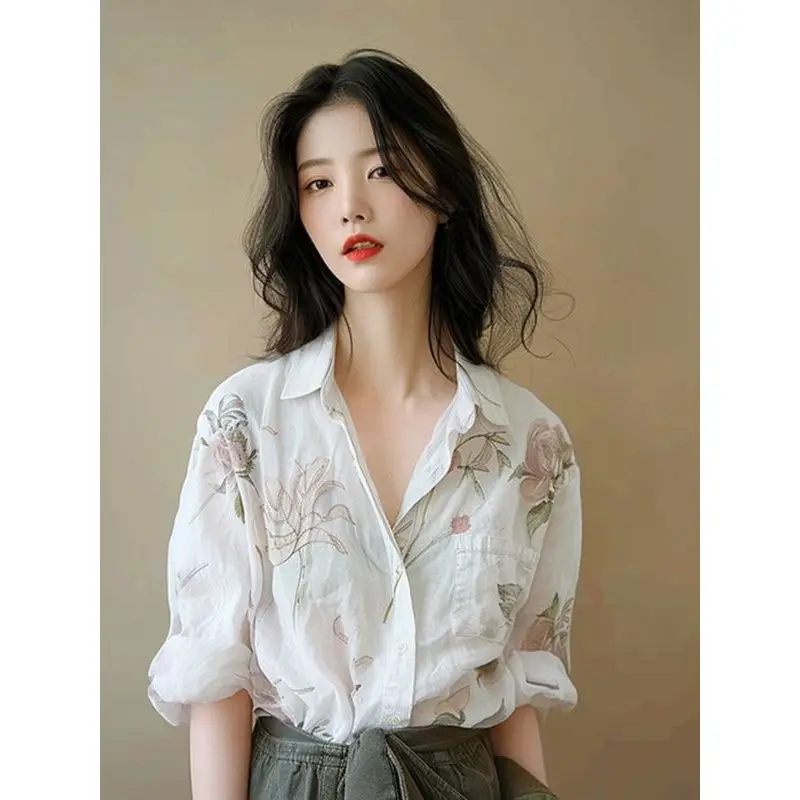 Summer Woman Clothing Chic Niche All-match Half Sleeve Shirt Top Floral Elegant Trend Casual Slim Simplicity Preppy Style Youth