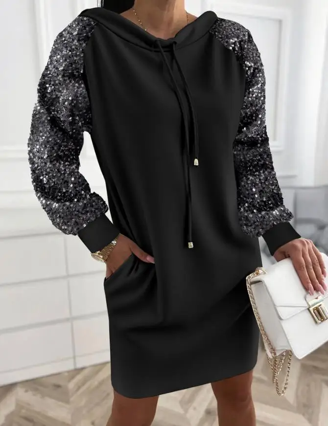 

Womens Dresses Autumn/winter 2025 Sequin Spliced Stand Collar Drawstring Casual Mini Sweatshirt Dress Street Fashion Retro Dress