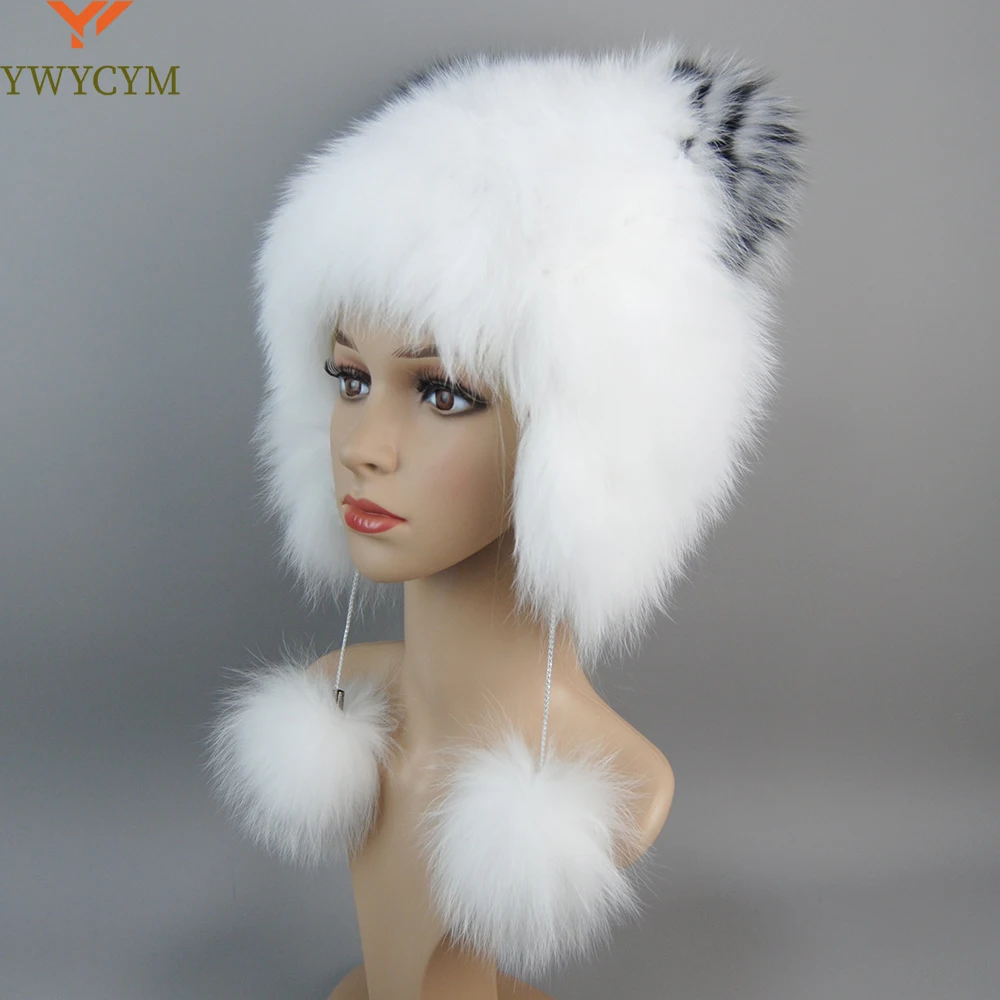 

Real Fox Fur Pompom Bomber Winter bonnet Hat Russian Female Beanies Natural Raccoon Fur Hat Knitted Skullies Beanies Women's Cap