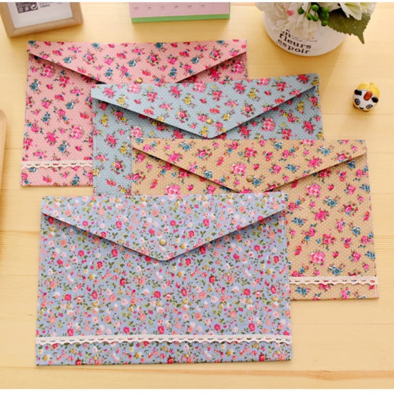 1PC A4 Retro Pastoral Style Floral Felt Button File Folder Girl Student Exam Paper Document Organizer School Office Accessories