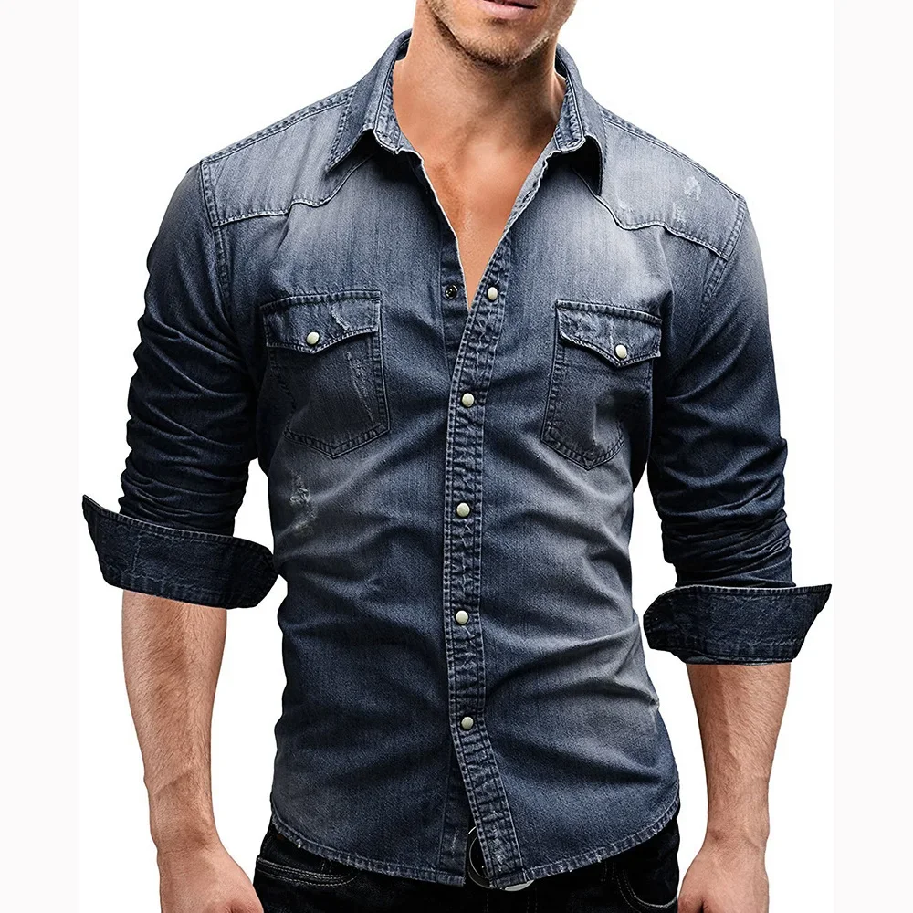 

Elastic Cotton Denim Shirt Men Long Sleeve Quality Cowboy Shirts for Men Casual Slim Fit Mens Designer Clothing