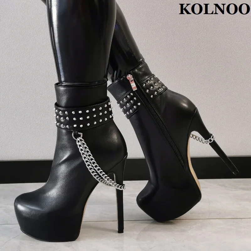 

Kolnoo New Style Ladies High Heel Ankle Boots Rivets Spikes Silver Chains Platform Booties Real Picutres Fashion Black Hot Shoes