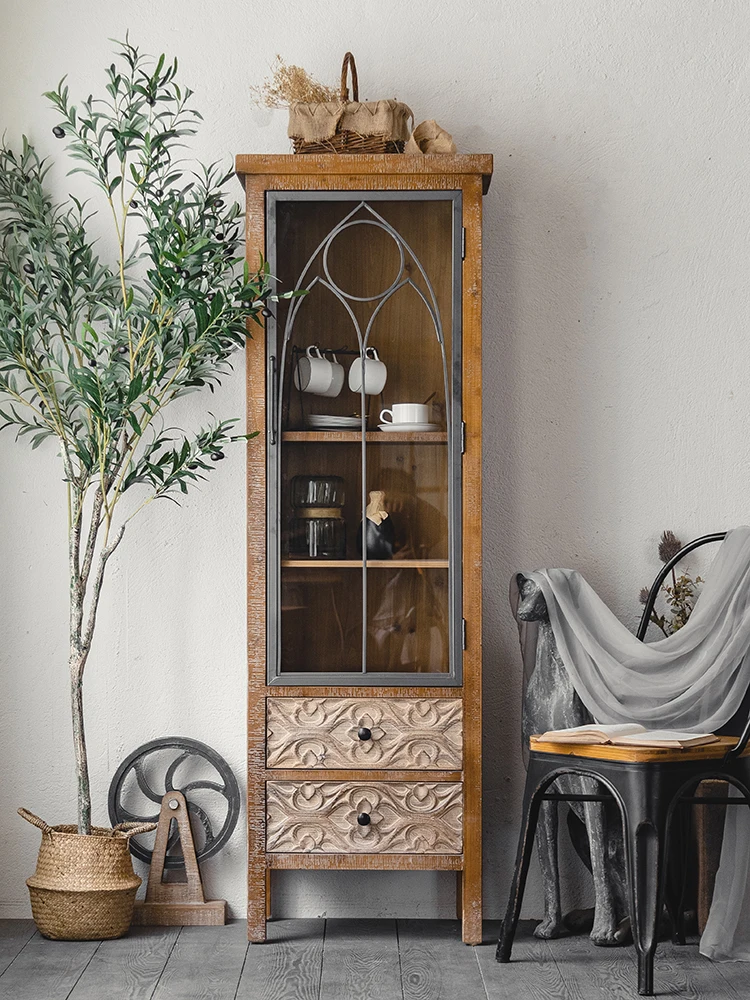 

Entrance cabinet, living room, wall facing glass wine cabinet, retro solid wood dining cabinet, storage cabinet