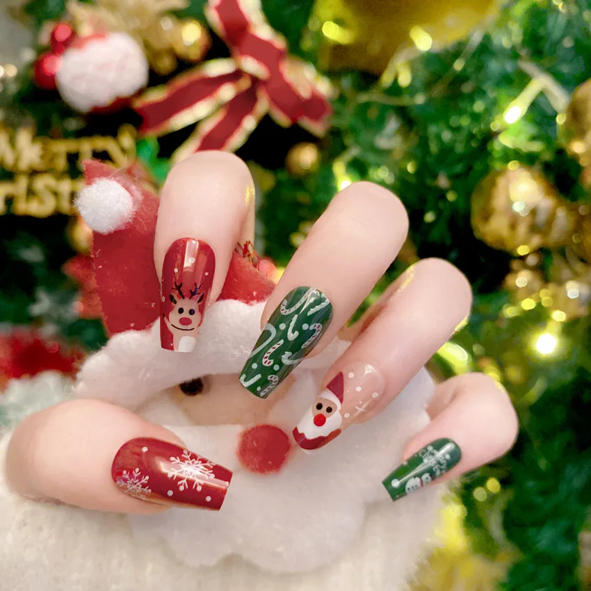 Uñas postizas de dibujos animados de Navidad, uñas postizas de antílope de Navidad, lindo Año Nuevo, invierno, cálido, burgundy, nuevo