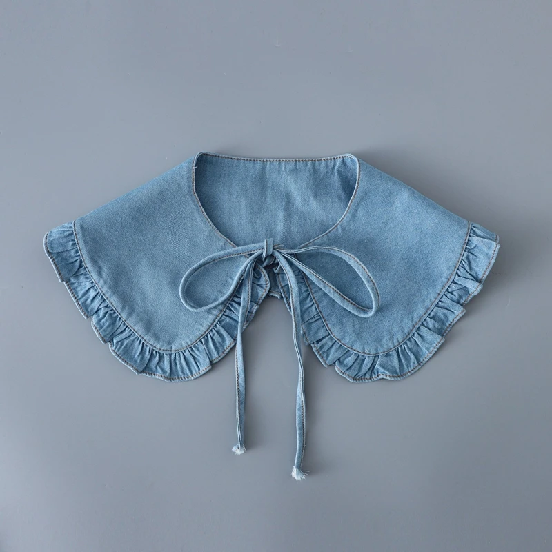 Sweet Blue Denim Ruffle False Collar Women Detachable Lapel Shawl Collar Sweater Blouse Decorative Shoulders Cape view 3