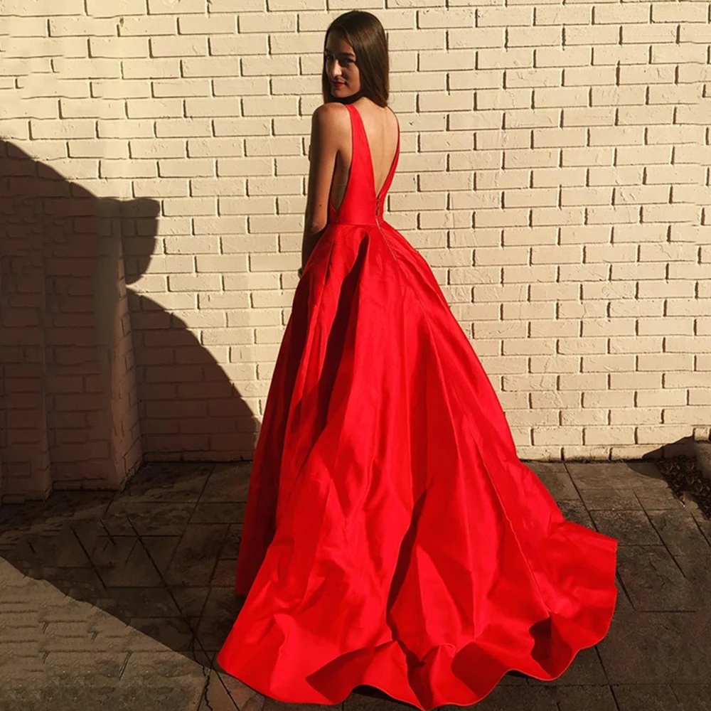 Vermelho a line bolso longo vestidos de baile 2022 elegante com decote em v formal vestido de festa sem mangas com zíper de cetim feminino vestidos de noite