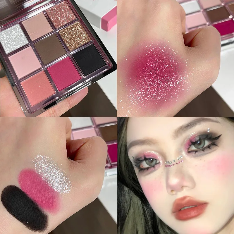 Paleta de sombras vitrificadas esfumaçadas de 9 cores, destaque e contorno, paleta multifuncional, azul fosco, paleta de pigmentos de cores terrosas