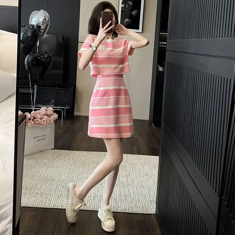 

Женское летнее платье в полоску, комплект из двух предметов с имитацией платья, милое шикарное платье, короткая юбка в стиле футболки, розовое платье, хлопковая одежда