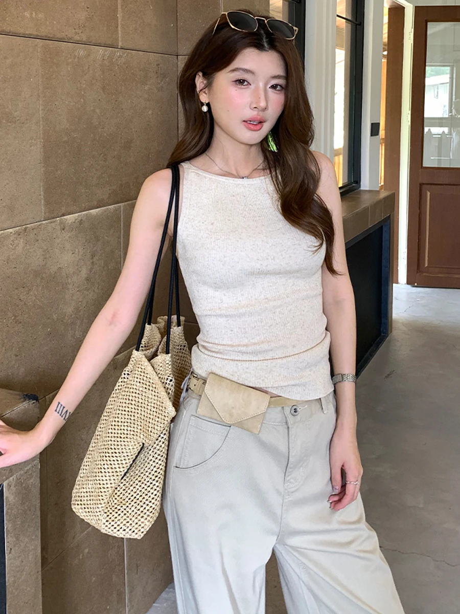 Korean Style Casual Slim Fit Knitted Sleeveless Vest Early Autumn Versatile Show Body Precision Top for Women Polyester Fabric