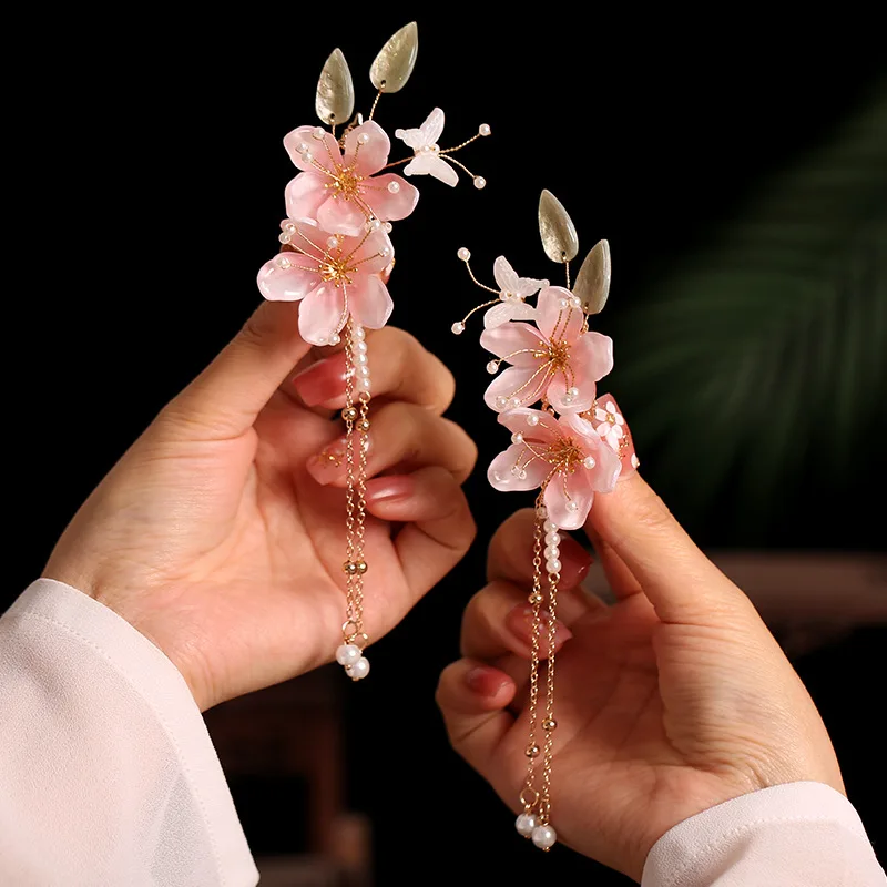 

2pcs Chinese Hair Clip Pearl Pink Flower Hairpin Retro Wedding Hair Accessories Tassel Barrettes Girl Han Costume Hair Jewelry