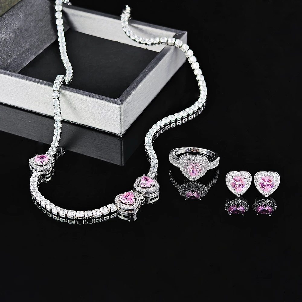 Moonso Unique Design Pink Heart Bride Jewelry Set for Women Valentine's Day Gift Jewelry Wholesale Bulk Sell E6044-r4599-x8300