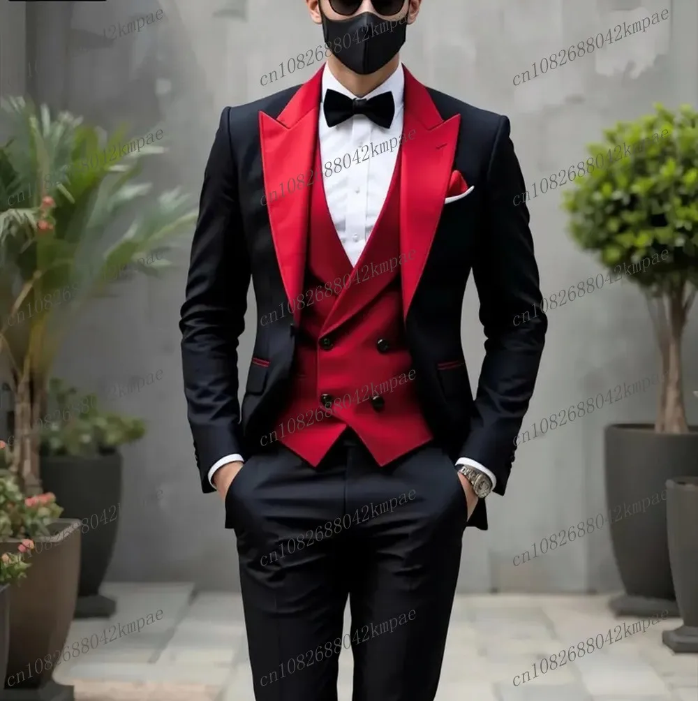 

Black And Red Business Tuxedos Formal Occasion Groom Groomsman Wedding Party Prom Suit Male 3 Piece Set Blazer Vest Pants