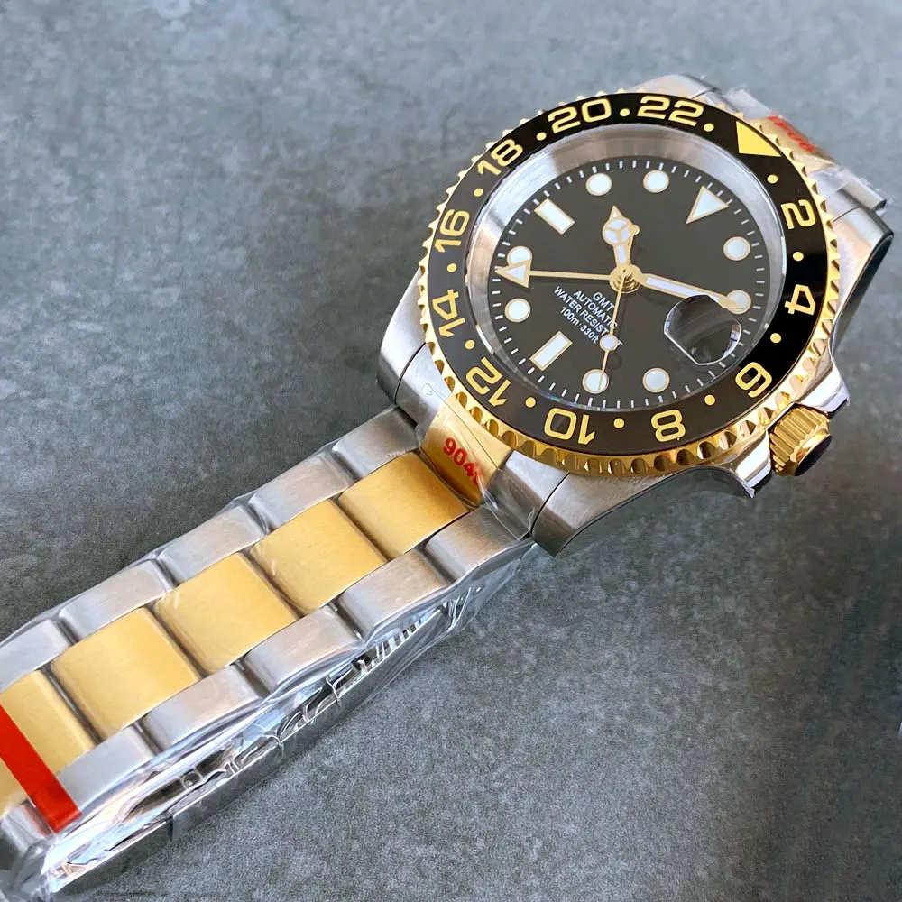 Gold Tow Tone NH34A GMT Movement Diving Watch for Men Automatic Watches Mechanical Swim Jubilee Bracelet 200m Waterproof Date