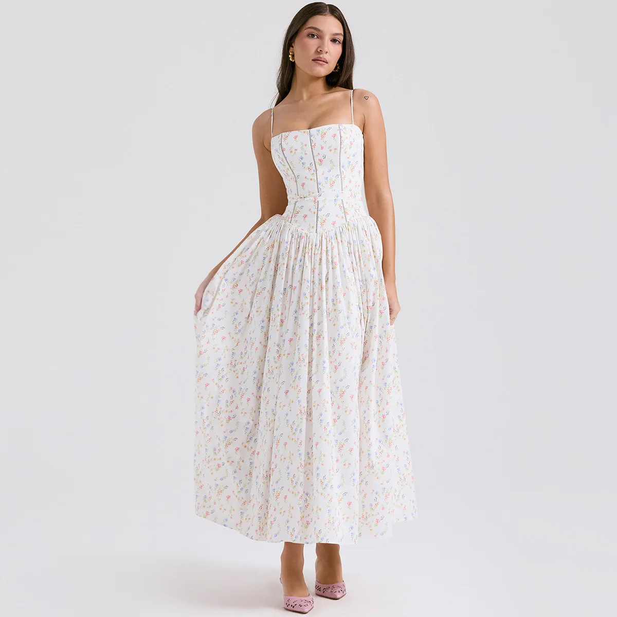 ICCLEK Floral Maxi Sundress In White Floral Print Back-Zip Closure Square Neck Adjustable Straps Abiti Estivi Donna Abiti Midi