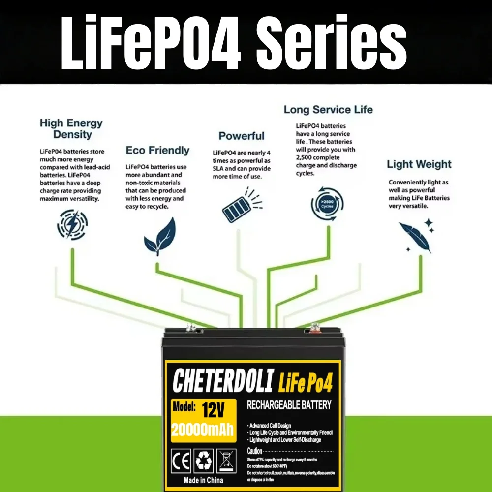 

12V 20Ah LiFePo4 Built-in BMS Lithium Iron Phosphate Battery Packs For RV/ Vans/ Trolling Motor/Golf Cart/Camping/Kid Scooters