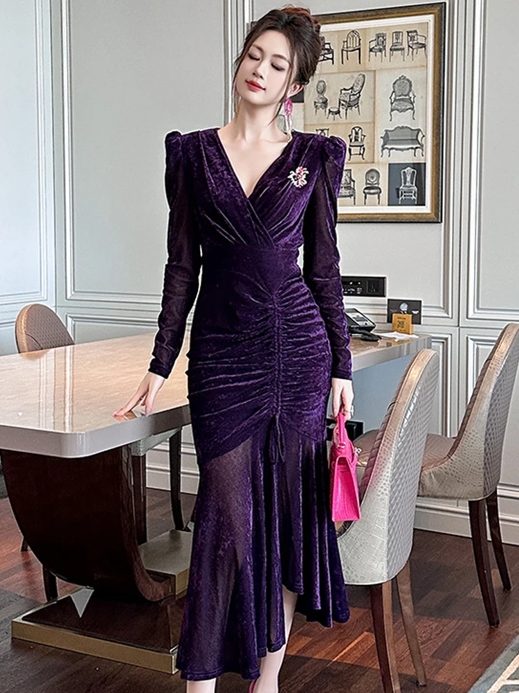 Elegant Evening Party Dresses Women Clothes Retro Purple Drawstring Folds Slit Fishtail Robe Banquet Vestido Fiesta Mujer Spring