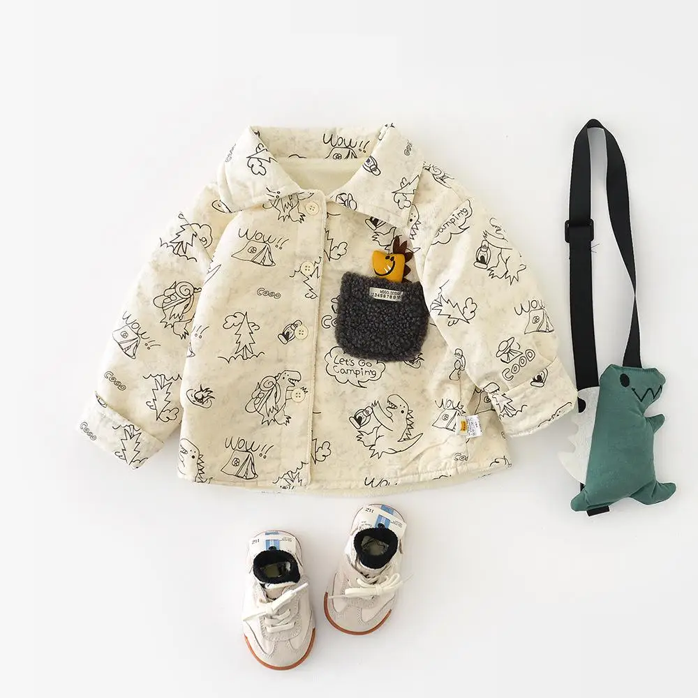 

2025 Winter New Baby Long Sleeve Fleece Shirts Coat Infant Girls Cartoon Print Jacket Plus Velvet Thick Toddler Warm Clothes