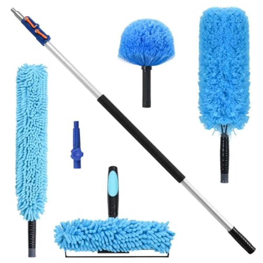 

High Reach Cleaning Kit with 12Feet Telescoping Pole - Ceiling Fan and Microfiber Feather Dusters Cobweb Brush Window Squeegee