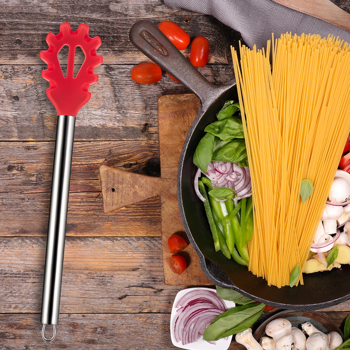 ملعقة سباغيتي مقاس 13 بوصة من السيليكون وشوكة سباغيتي مقاومة للحرارة