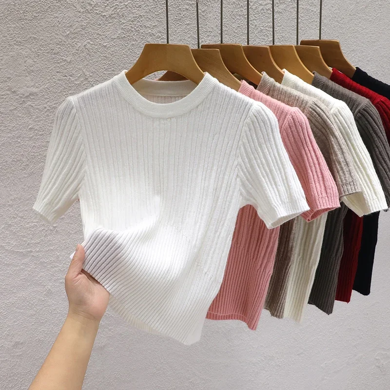 Fashion Summer Short Sleeve O-Neck Knit Sweater Women Pullovers White Knitted Sweater Pullover Women Tops Sueters De Mujer MZ121