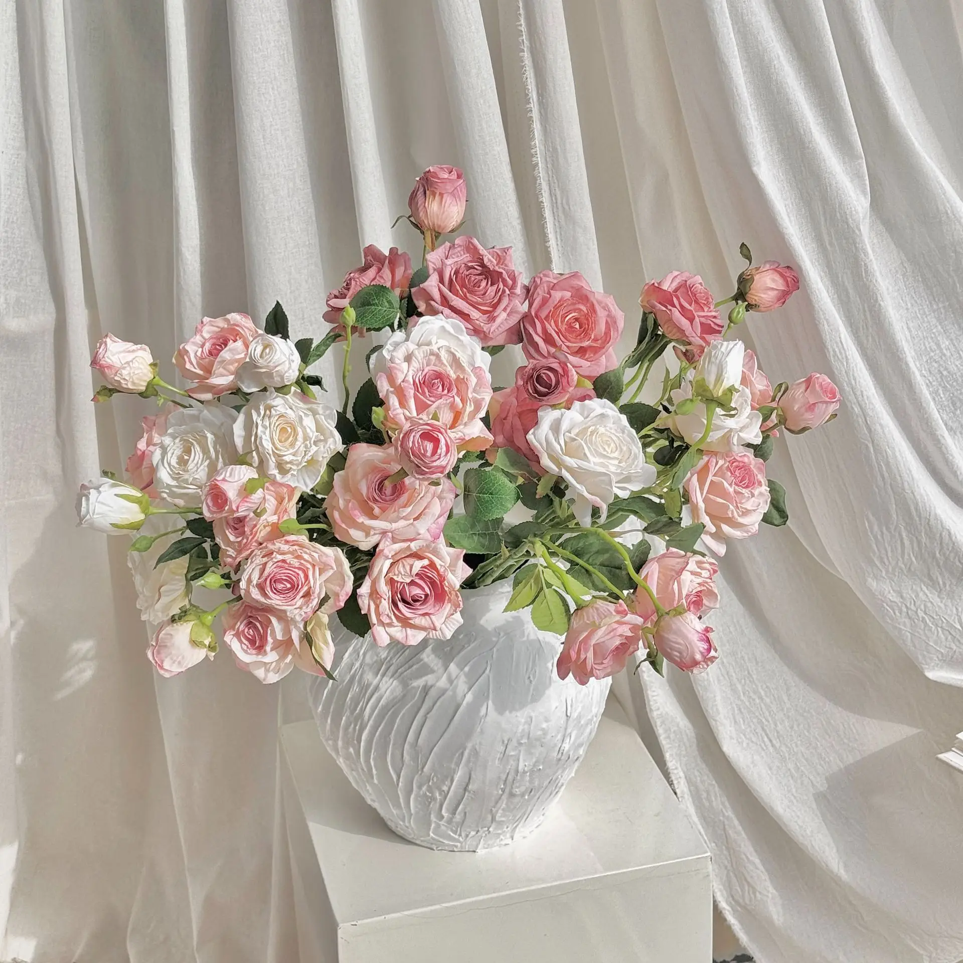 5pcs 3 Head Vintage Burnt Edge Rose Bouquet Artificial Flowers Oil Painting Style Faux Dried Flower For Home Decor