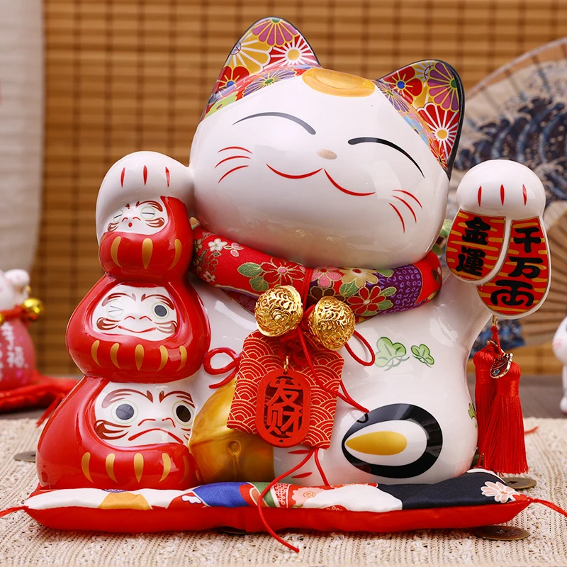 

9.85 Inch Ceramic Maneki Neko Coin Bank Lucky Cat Daruma Money Box Home Decorative Ornament Large Fortune Cat Statue
