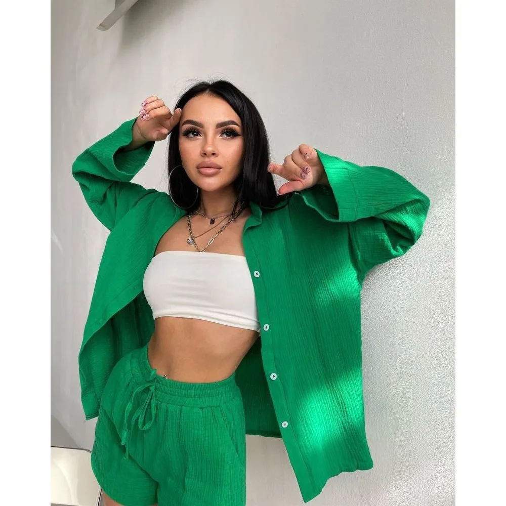 Casual Women's Pajamas Long Sleeve Commuter Shirt Shorts Home Suit Sleepwear Blouse Pajamas Sets Korean Style Solid Lingerie