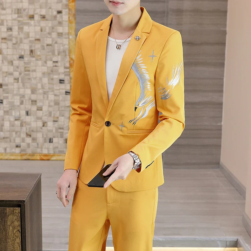 2024 New Men\'s Yellow Printed Suit Jacket and Trousers Spring Autumn Slim Men 2 Piece White Black Blazer Pants