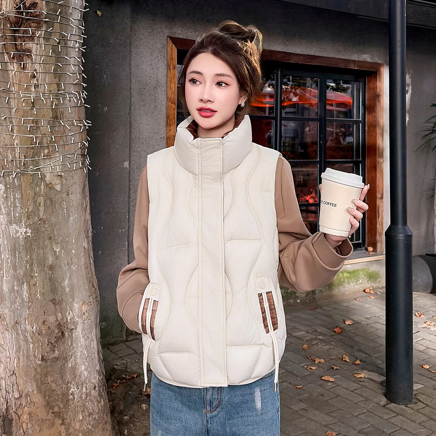 Women Color Block Vest Stand Collar Sleeveless Padded Jacket Short Basic Color Block Vest Casual Fashion Versatile Outerwear