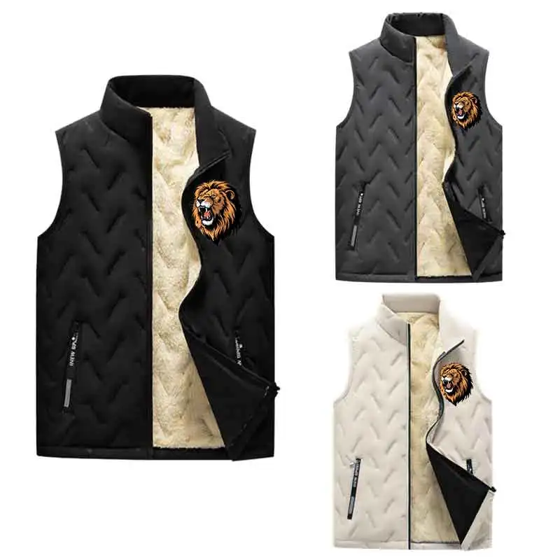 

Мужской теплый жилет с воротником-стойкой, ветрозащитная куртка, пальто с принтом льва, зимняя верхняя одежда для бега, повседневный утепленный жилет, толстый жилет с карманом