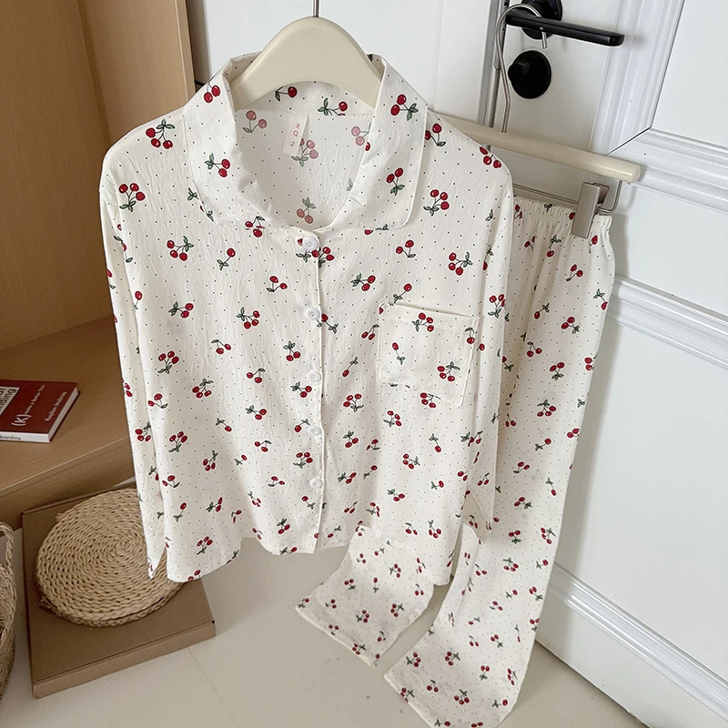 

Korean Casual Cherry Print 2PC Women's Pajamas Autumn New 2025 Long Home Suit for Women Y2K Streetwear Fashion Sleepwear Woman
