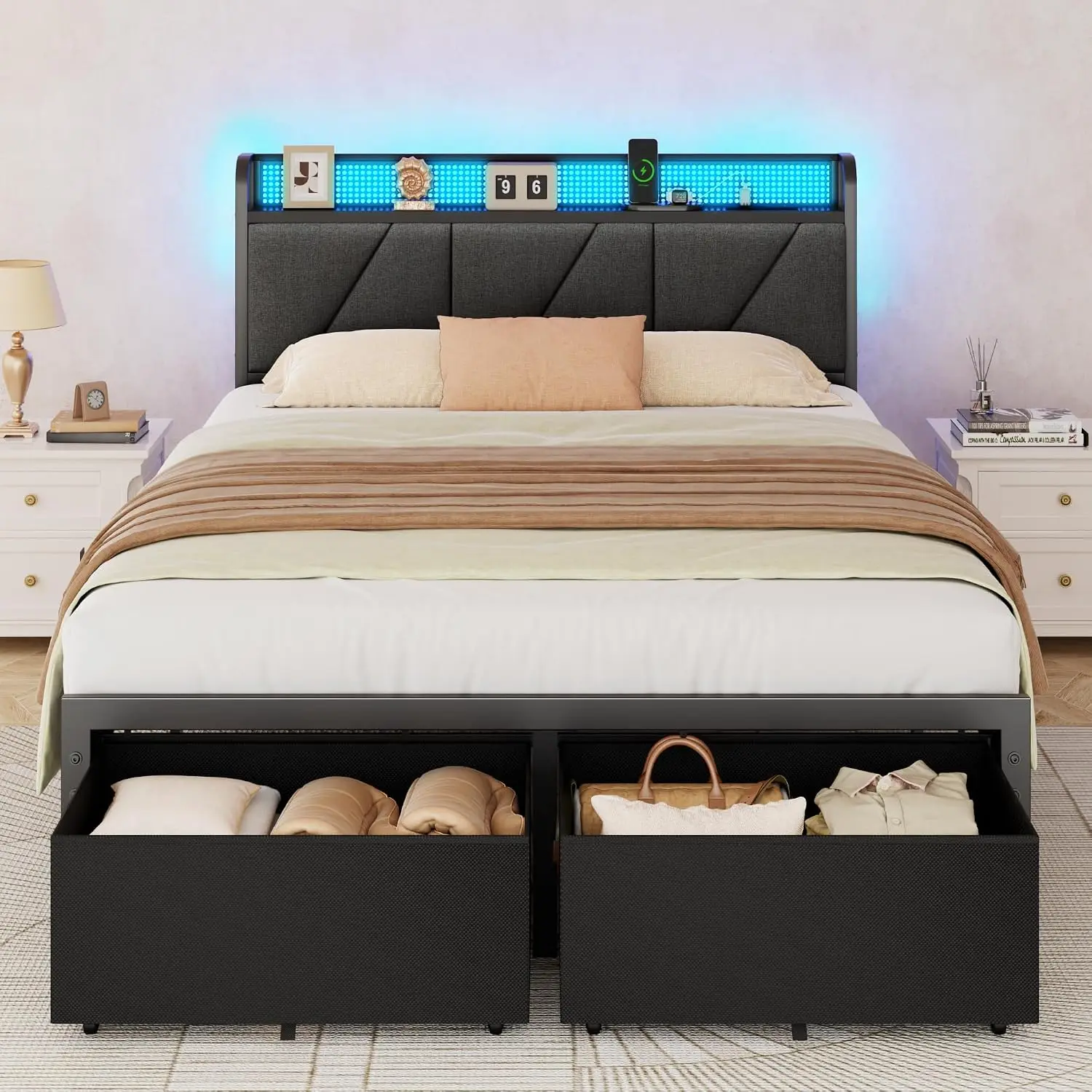 Full Size Bed Frame With 2 Storage Drawers & Upholstered Headboard, Customized