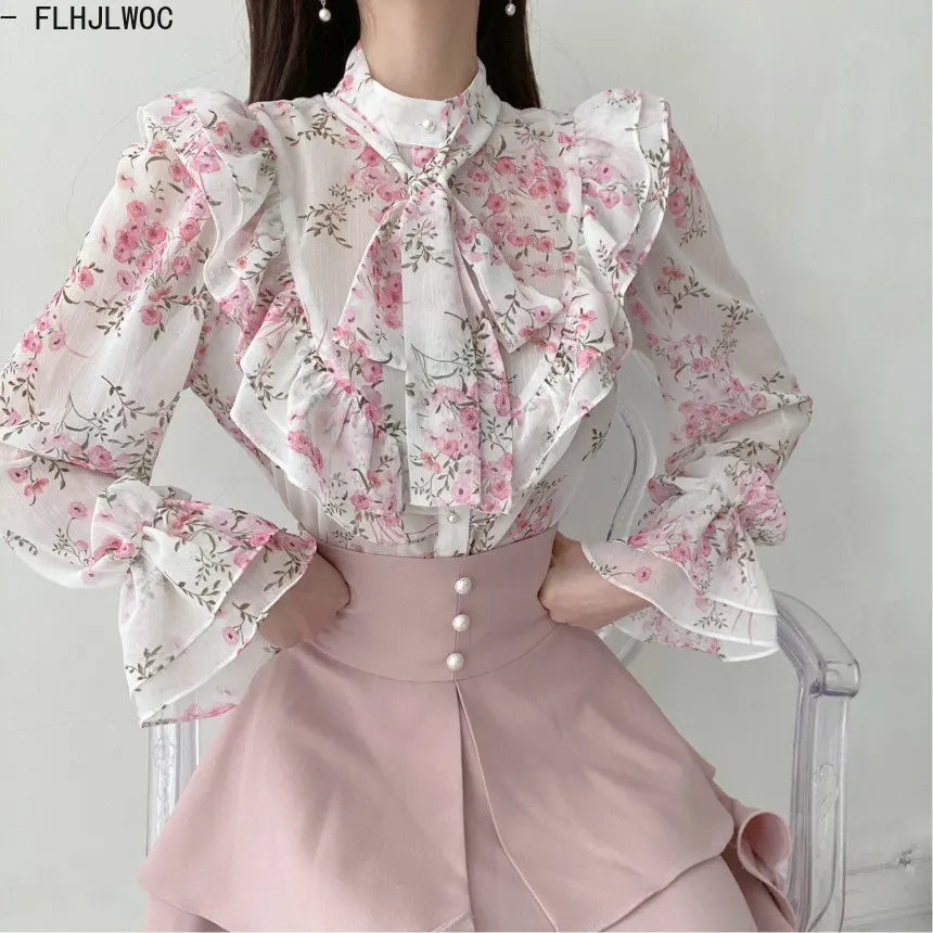 Vintage Basic Shirts Long Sleeve Single Breasted Button Cute Sweet Bow Tie Women Korea Japan Style Ruffled Chic Pink Tops Blusas