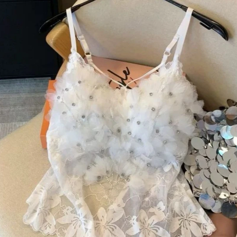 Y2k Sexy Tank Top Camisole Streetwear Cropped Top Women Floral Diamond Padded Camisole Sleeveless Tulle Overlay Top for Summer