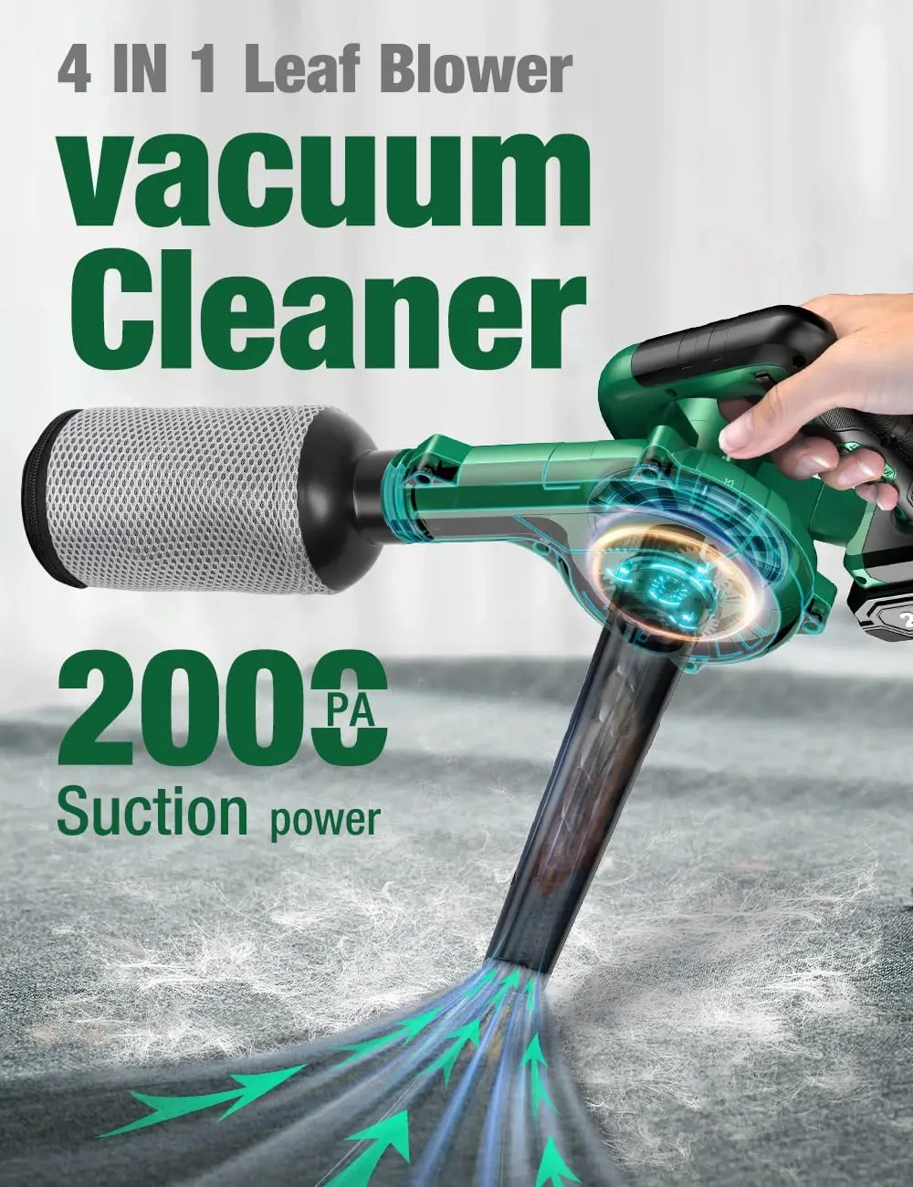 Cordless Leaf Blower Vacuum Combo 4 in 1, 3 Nozzles &3 Modes for Inflation & Deflation, Extended Tube 2x2000mAh Battery Powered