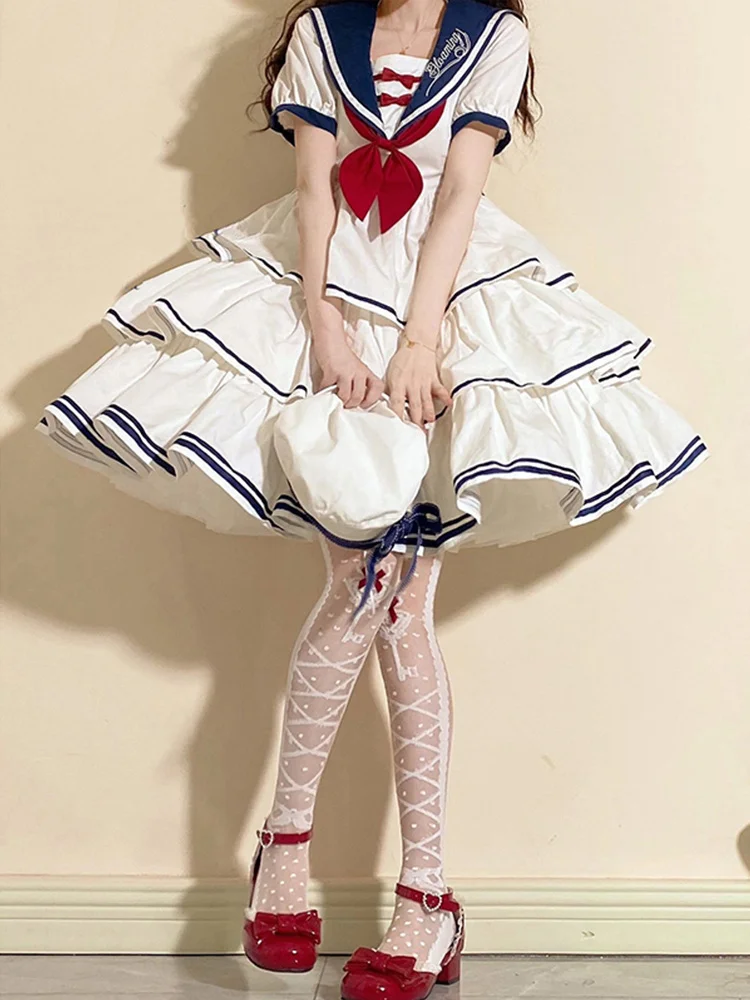 

Girls' Lolita Style Elegant Sailor Collar Navy Dress Preppy Style With Short Sleeve White Dress Op Academy Style Daily Skirt