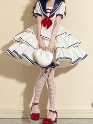 Girls' Lolita Style Elegant Sailor Collar Navy Dress Preppy Style With Short Sleeve White Dress Op Academy Style Daily Skirt