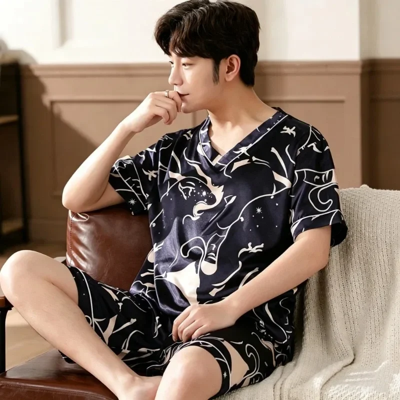 Men Summer New Fashion Print Pajamas Set Plus Size V-Neck Short Sleeve Shorts Men's Sleepwear Casual Cool Homewear for Men 2026