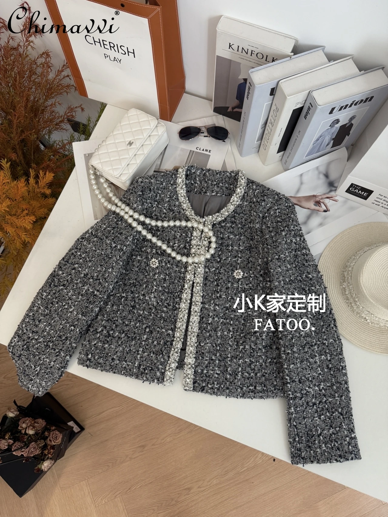 

Винтажное тяжелое твидовое короткое пальто с бисером для женщин, осень-зима 2022, новая французская мода, элегантная куртка с длинными рукавами, топ