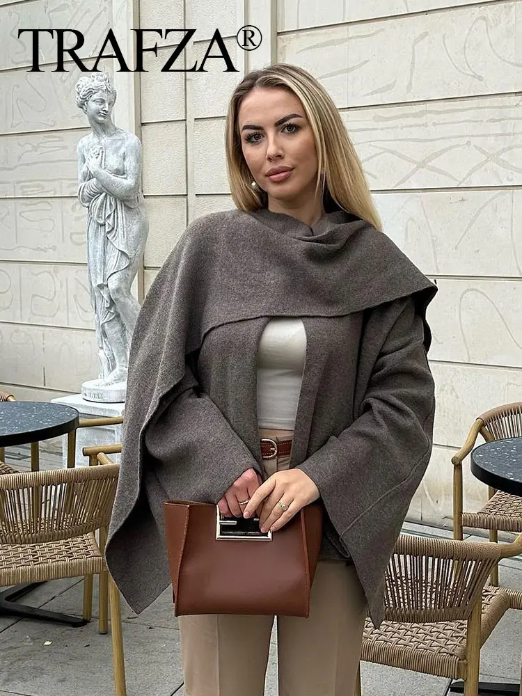 TRAFZA Autumn Women Loose Asymmetric Scarf Knit Jacket Solid Long Sleeve Single Button Side Slit Cardigan Lady Outerwear