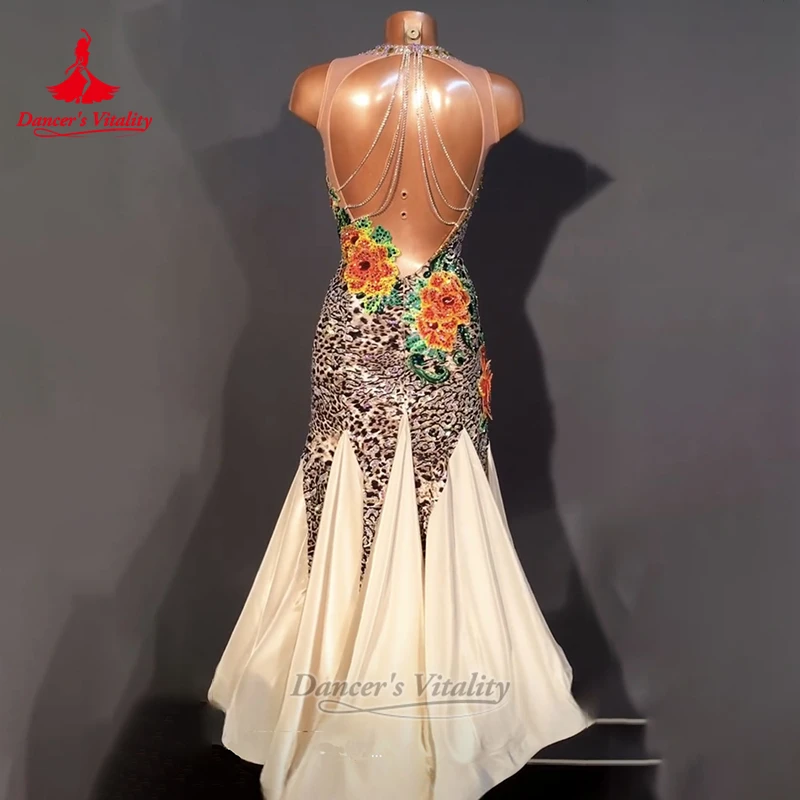 Social Dance Sleeveless Leopard Print Backless Dresses Customized Adult&Children Waltz Perform Graceful Attire Dancer's Vitality