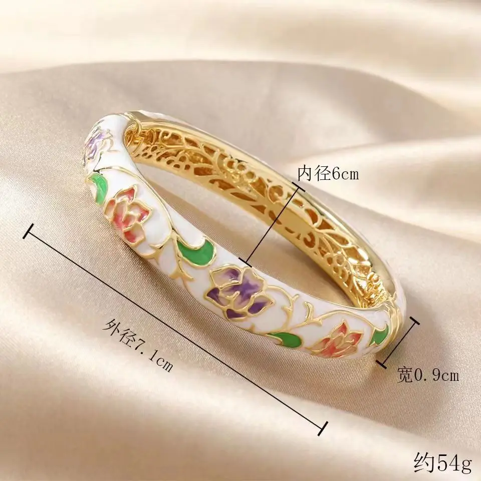 Handmade Flower Bangles Bracelets For Women Gifts, Chinese Cloisonne Enamel Ethnic Spring Hinged Cuff Bracelets