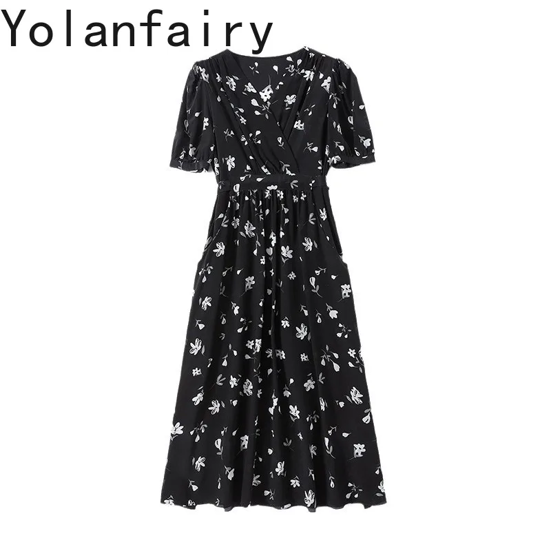 

YOLANFAIRY 100% Real Mulberry Silk Woman Dresses Summer French Style High-end Floral Black Dress Elegant Long Dress sommerkleid