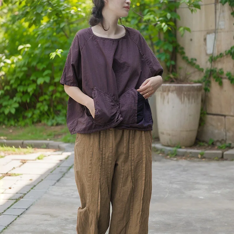 

Loose and cute age-reducing t-shirt literary and casual high-density cotton patchwork pocket pullover top fashionable and casual