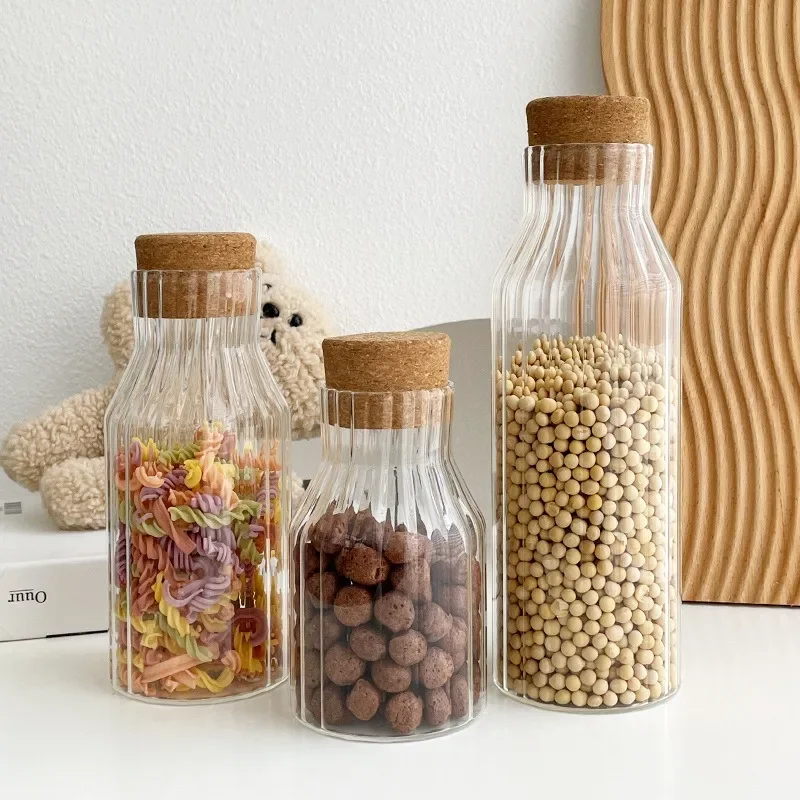 Glass Cork Lid Storage Jar Transparent Striped Grain Coffee Decoration Household High Temperature Resistant Cold Water Kettle